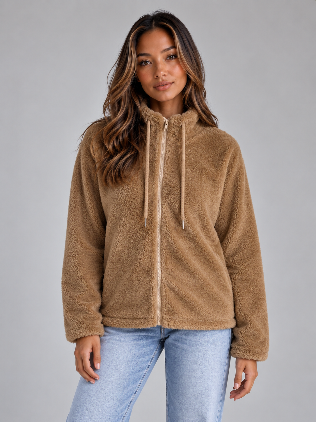 Veste polaire teddy femme à col montant et fermeture zippée 1
