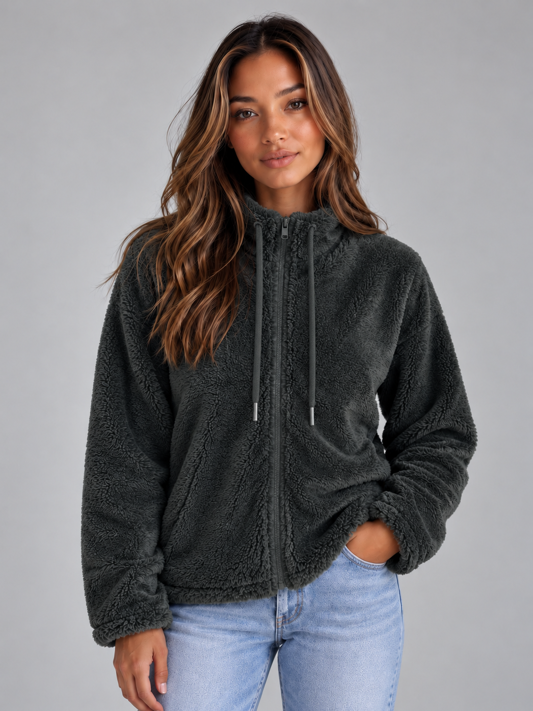 Veste polaire teddy femme à col montant et fermeture zippée 3