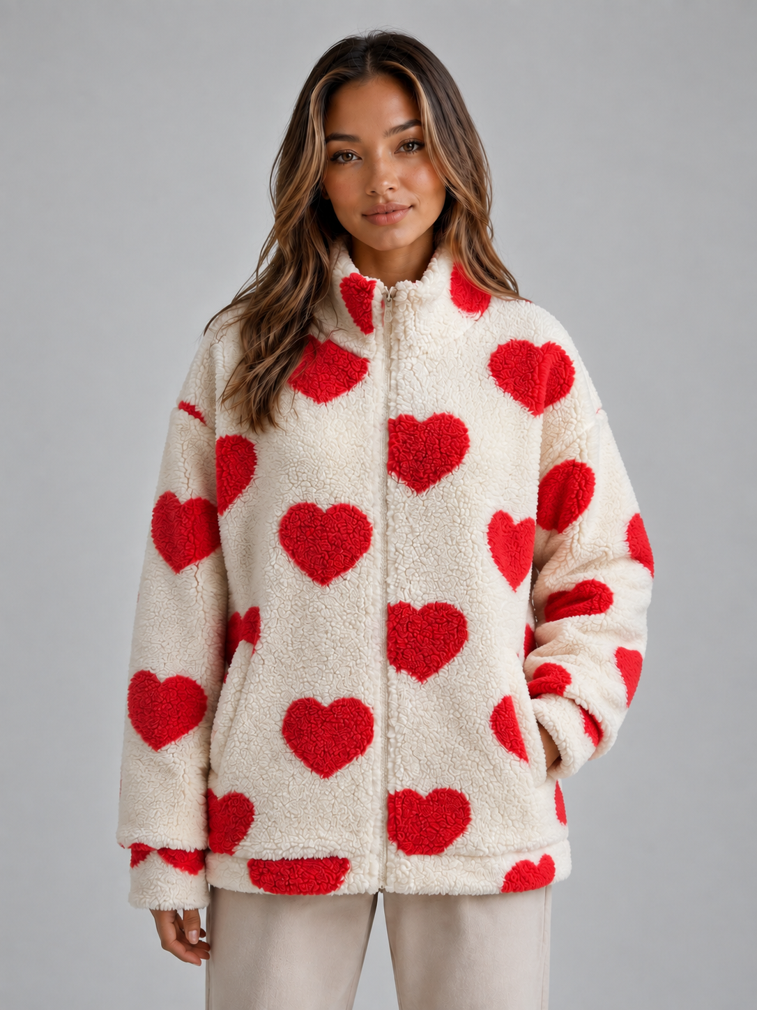 Veste polaire teddy femme à motif cœur à col montant 1