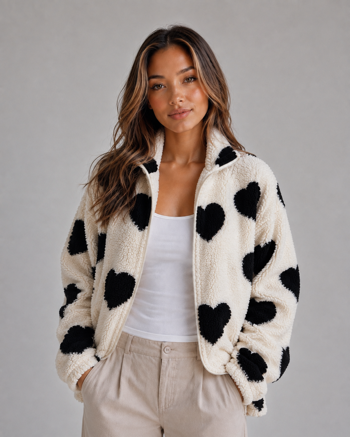 Veste polaire teddy femme à motif cœur à col montant 3