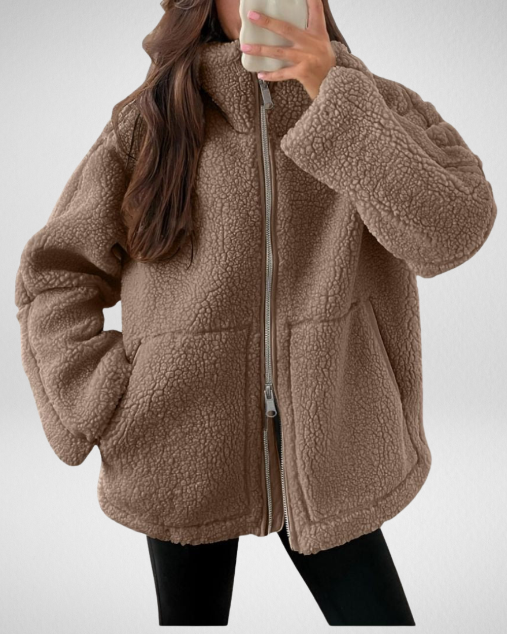Veste polaire teddy femme oversize à col montant zippée 1