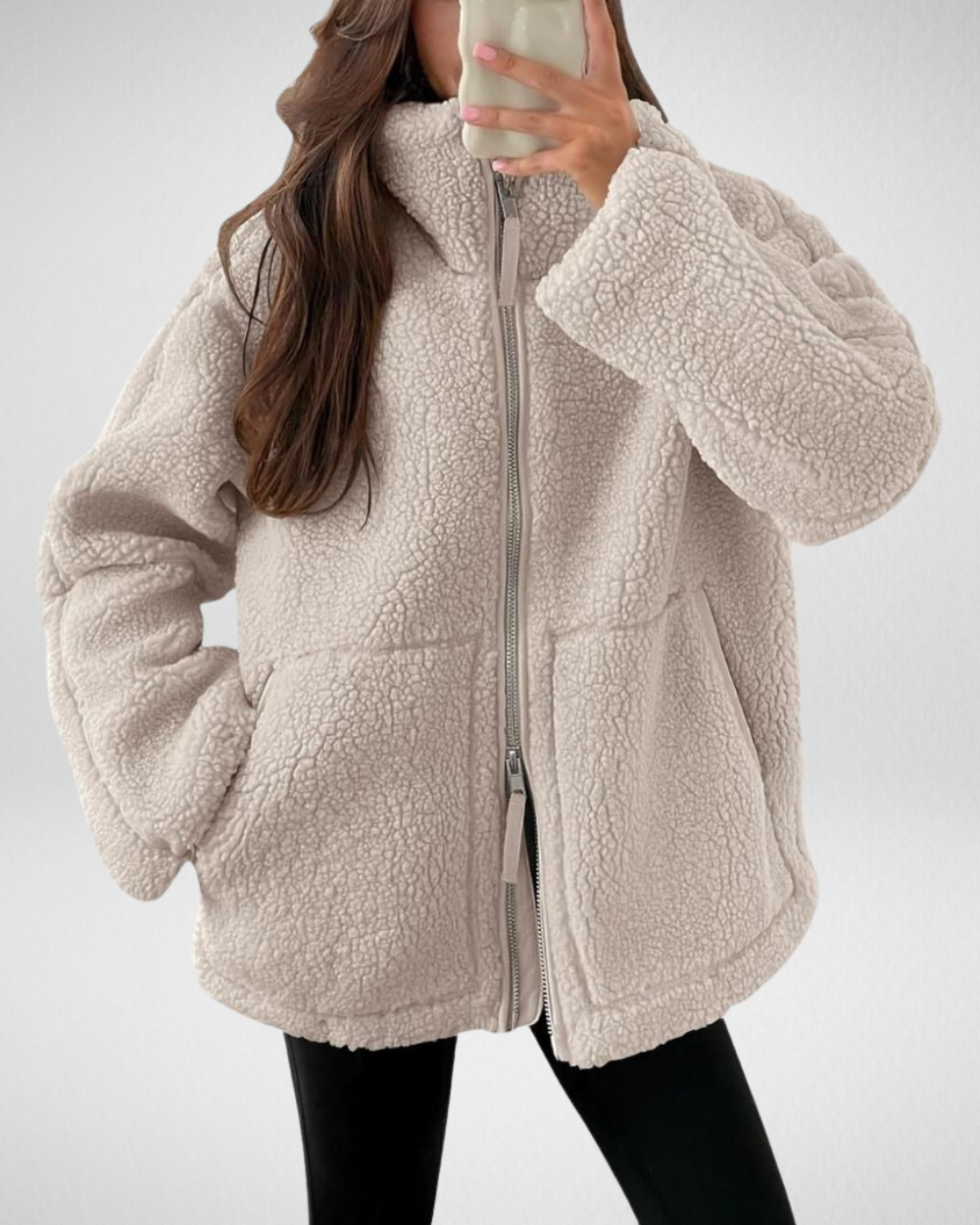 Veste polaire teddy femme oversize à col montant zippée 3