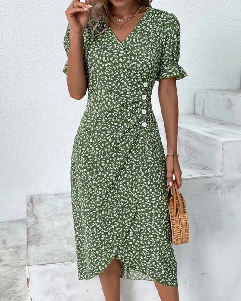 Robe portefeuille d’été pour femme à imprimé fleuri manches à volants