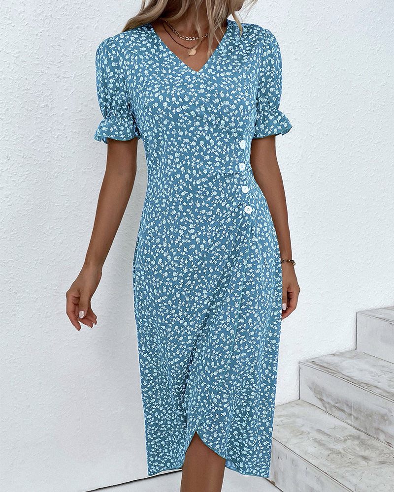 Robe portefeuille d’été pour femme à imprimé fleuri manches à volants
