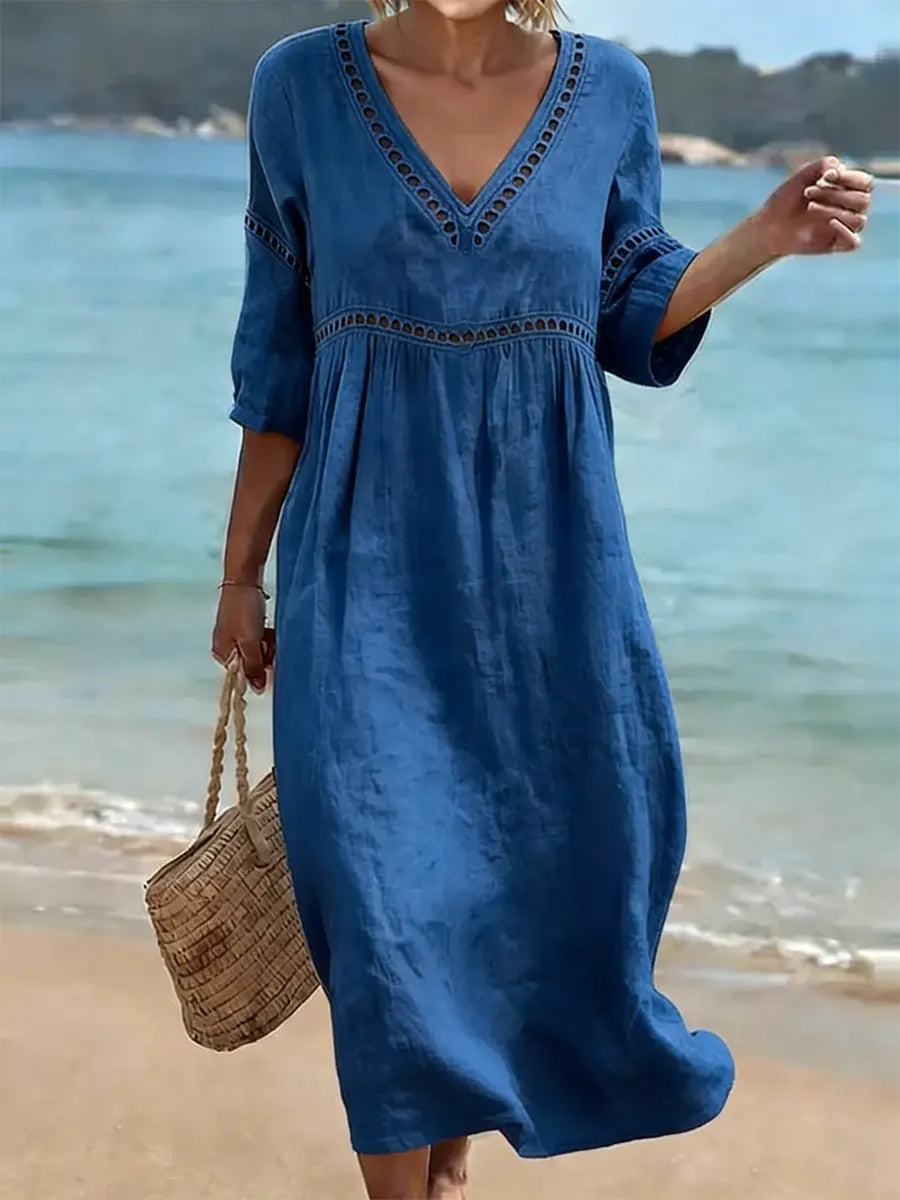 Robe midi fluide en coton à col V et manches courtes