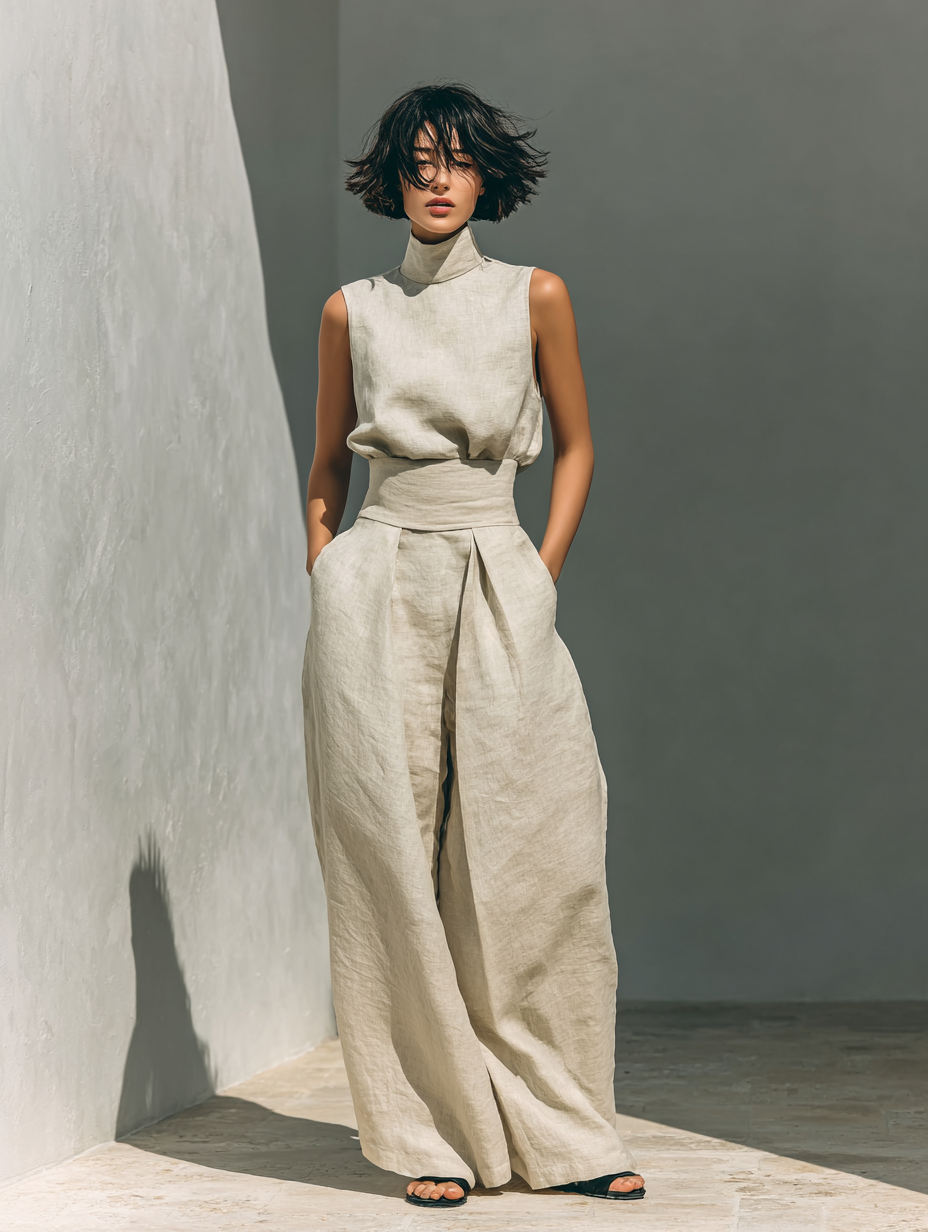 Léa – Ensemble deux pièces en lin avec blouse sans manches et pantalon large femme