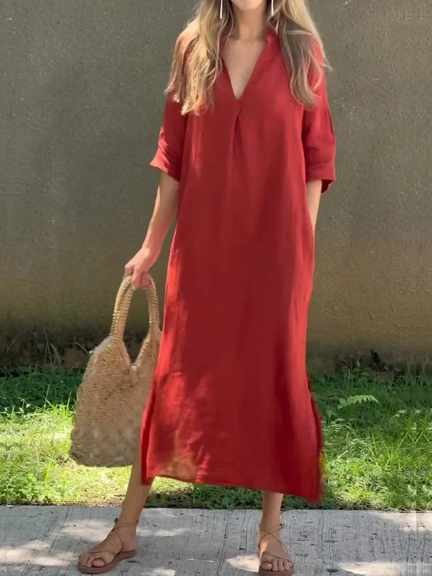 Robe d’été en lin pour femme à col V et poches