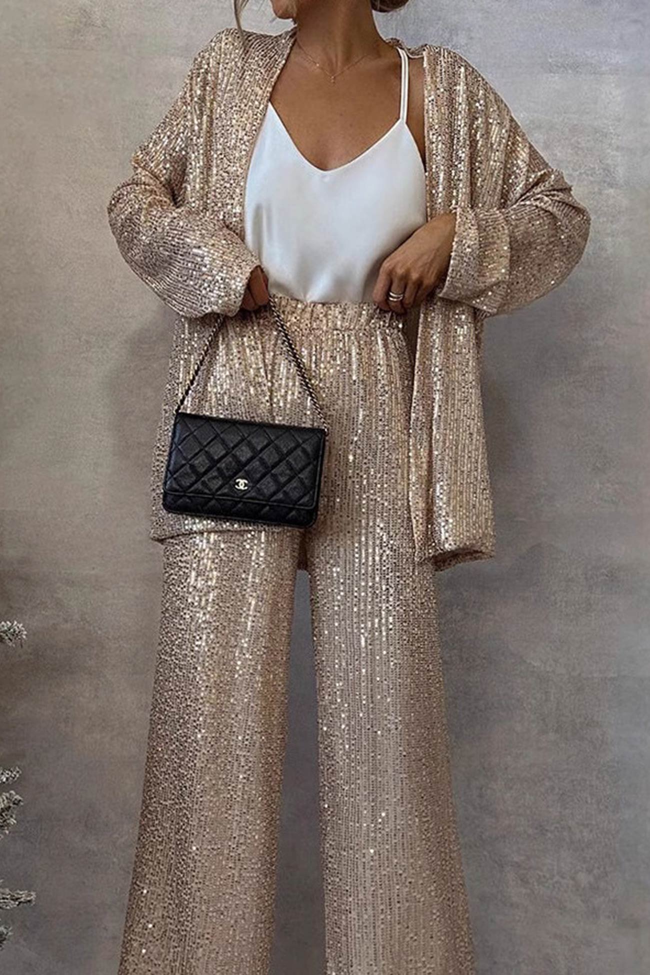 Aurore – Ensemble Blazer Pailleté à Manches Longues et Pantalon Évasé