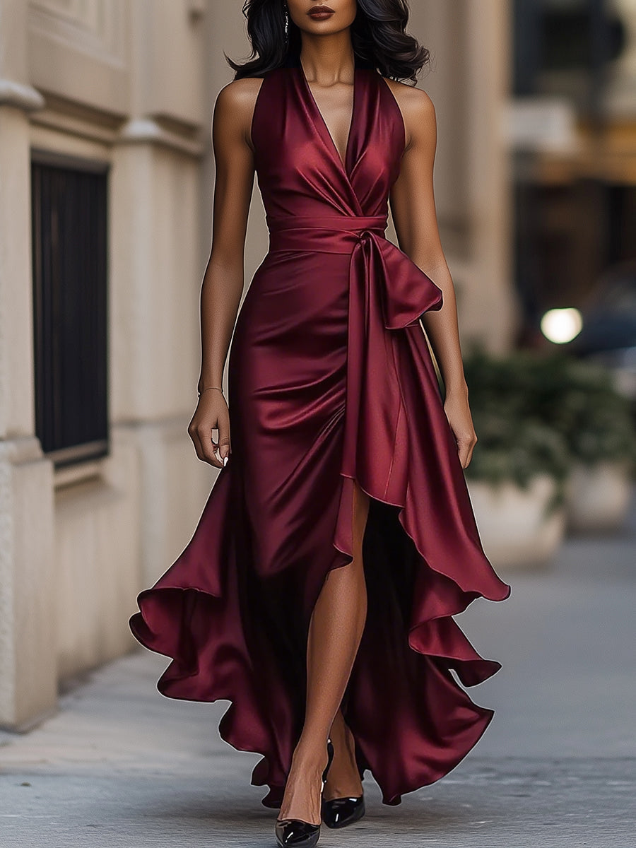 Robe portefeuille longue de soirée à col V plongeant avec taille nouée et ourlet asymétrique pour événements élégants