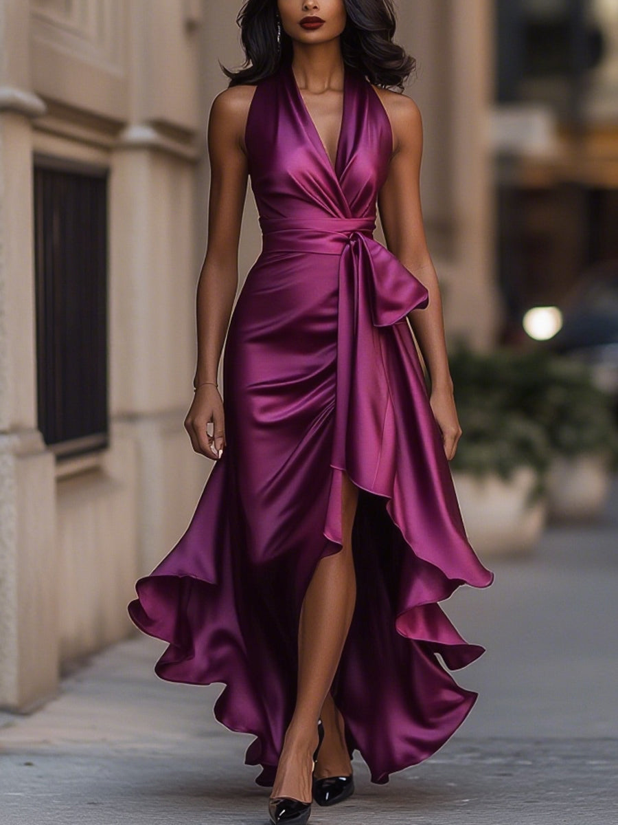 Robe portefeuille longue de soirée à col V plongeant avec taille nouée et ourlet asymétrique pour événements élégants