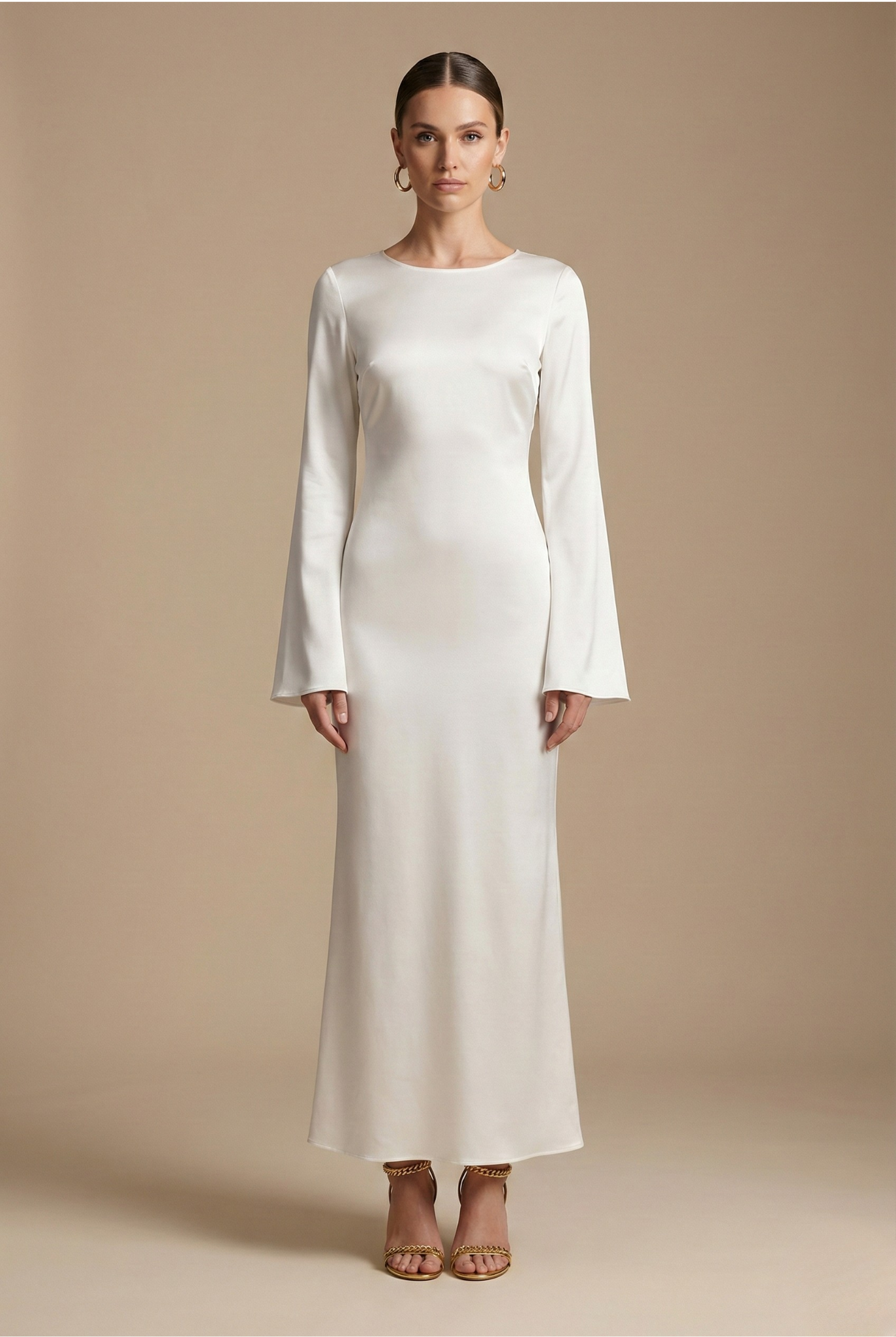 Apolline – Robe maxi à manches longues avec col rond et taille nouée femme