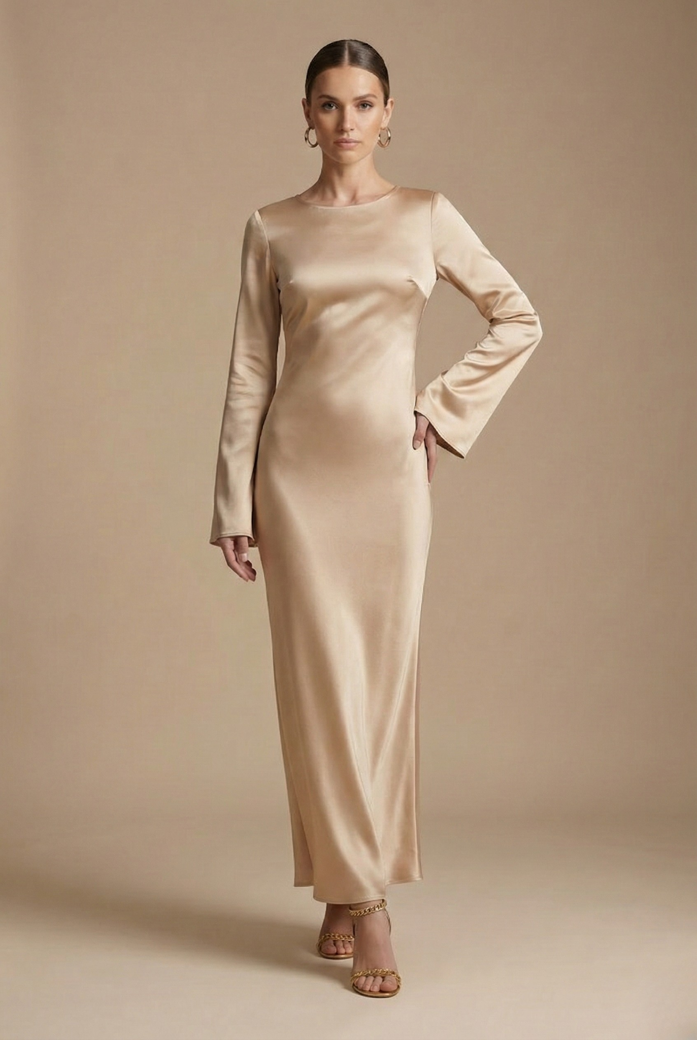 Apolline – Robe maxi à manches longues avec col rond et taille nouée femme