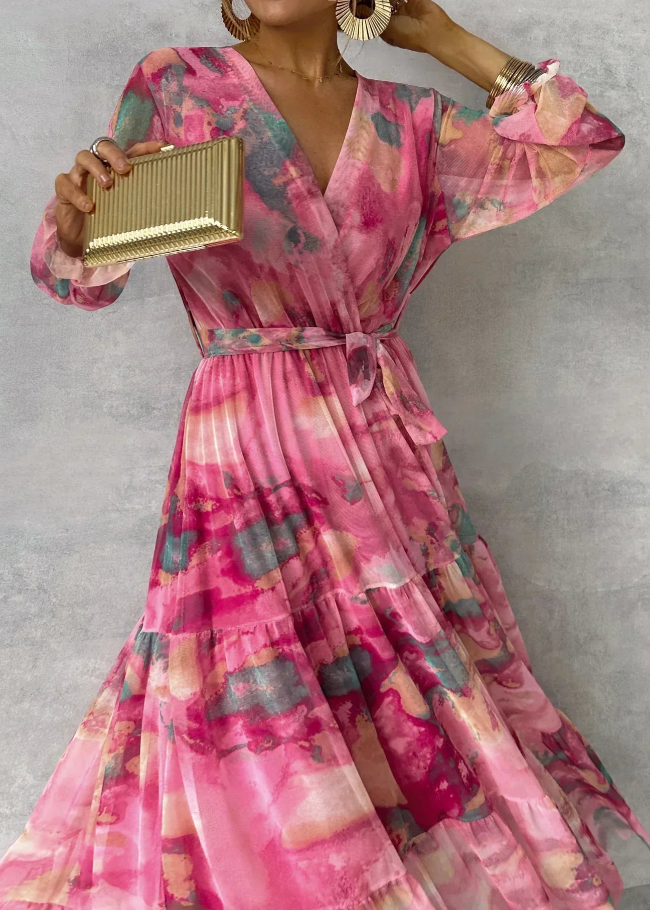 Amandine – Robe portefeuille maxi à imprimé floral et manches longues femme
