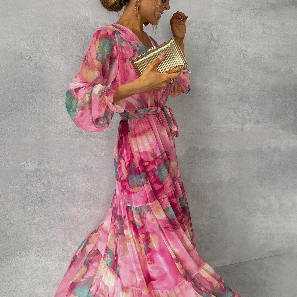 Amandine – Robe portefeuille maxi à imprimé floral et manches longues femme