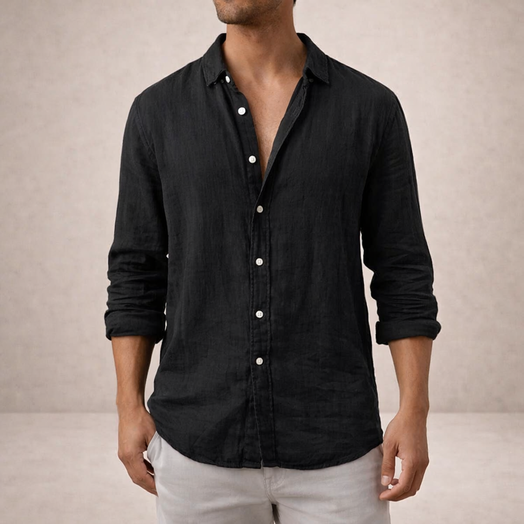 Chemise en lin homme à col ouvert coupe décontractée manches longues