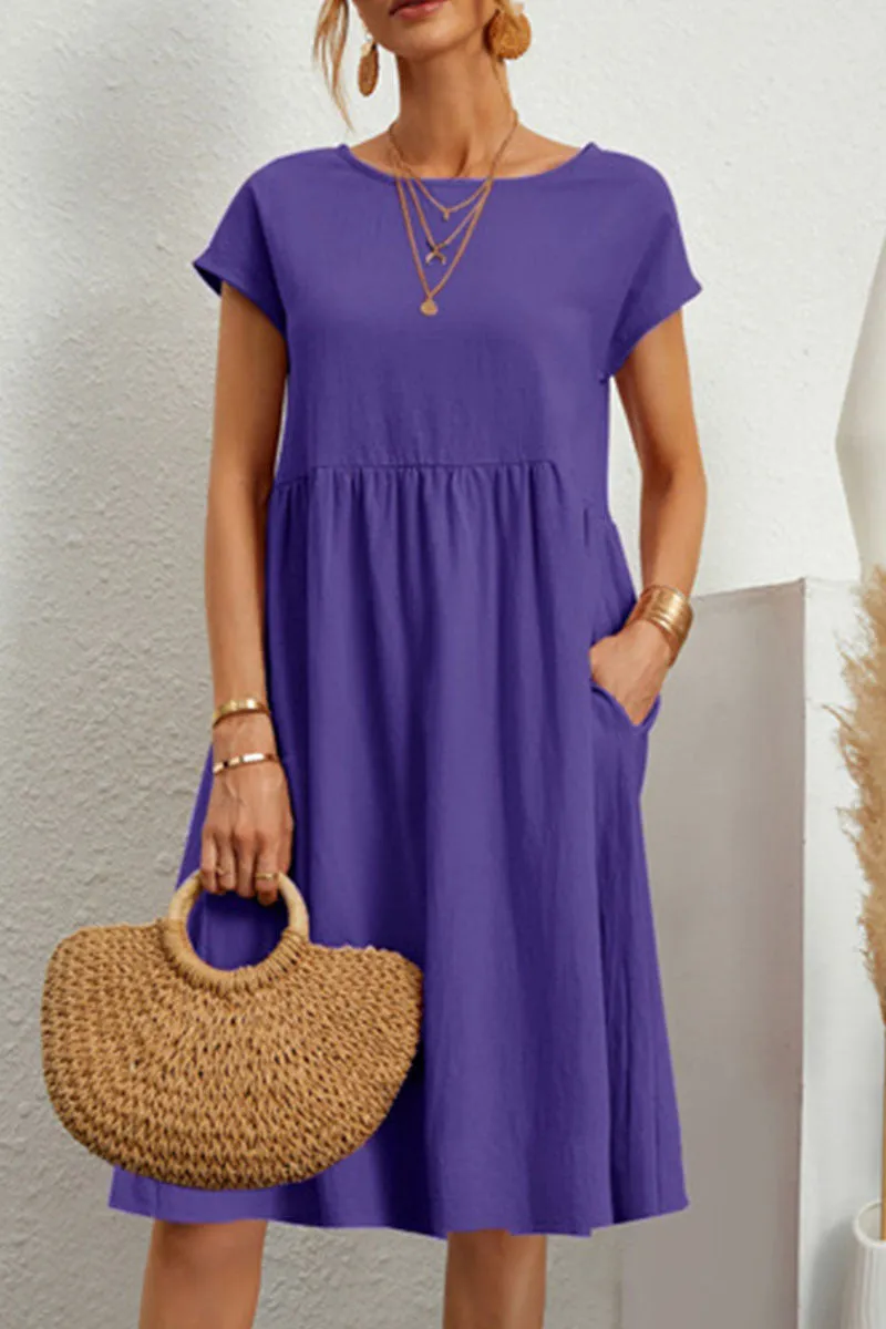 Robe d'été pour femme en coton doux avec col rond, poches et coupe évasée