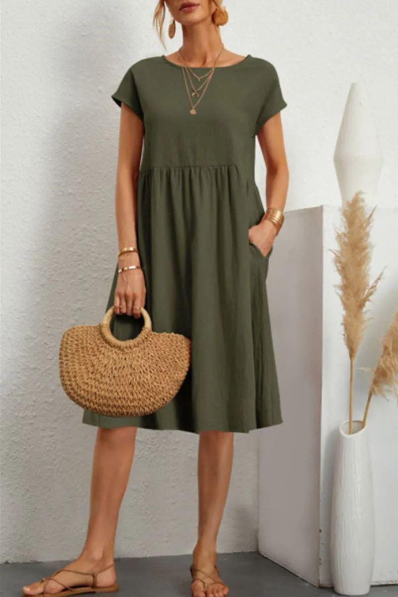 Robe d'été pour femme en coton doux avec col rond, poches et coupe évasée
