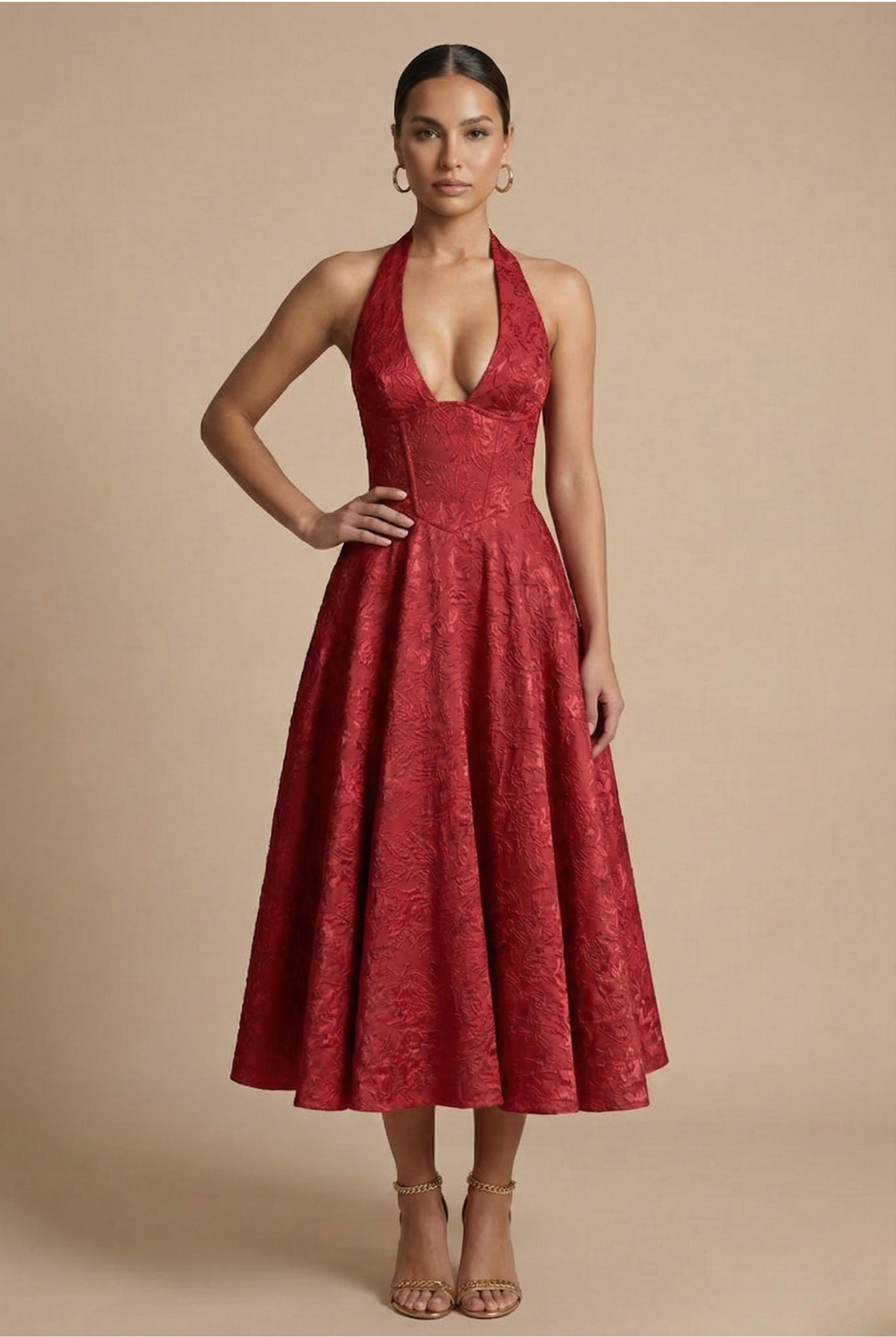 Anaïs – Robe midi dos-nu à corsage ajusté et jupe évasée femme