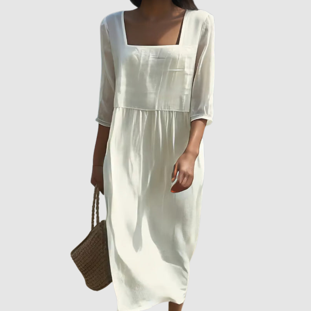 Robe d'été en lin à col carré et manches trois-quarts