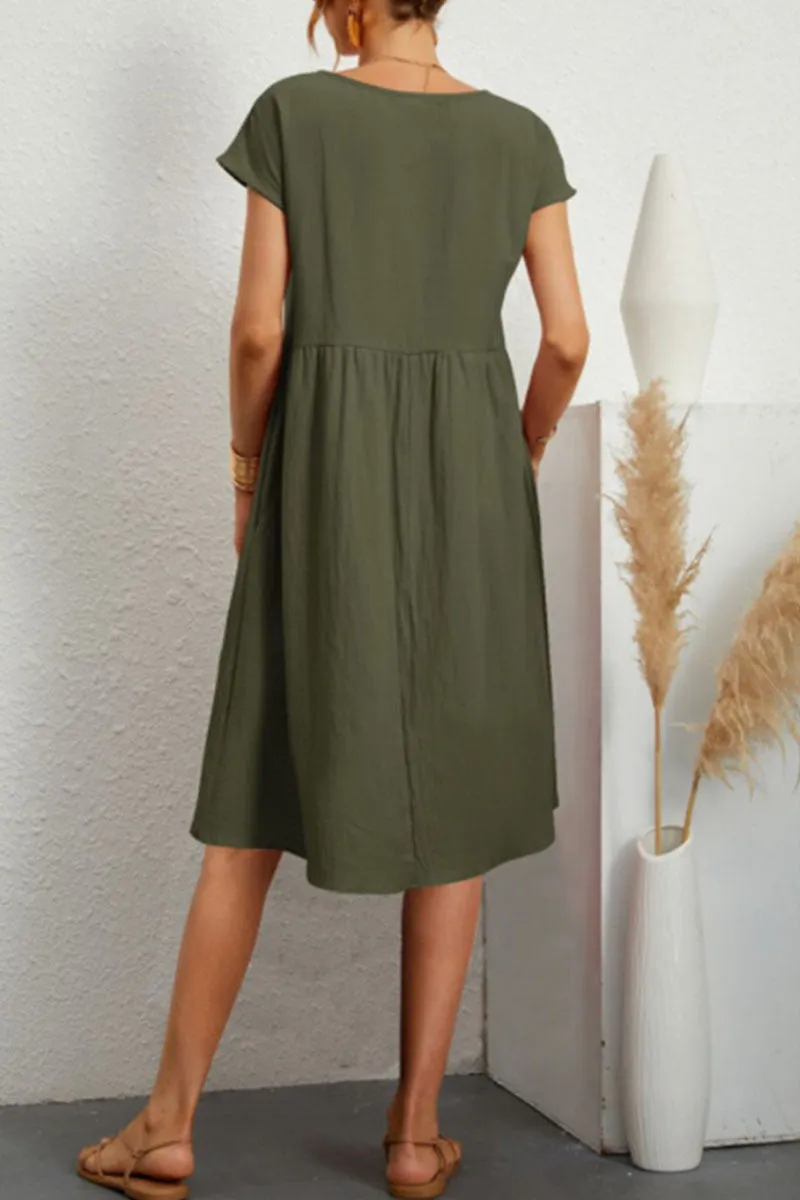 Robe d'été pour femme en coton doux avec col rond, poches et coupe évasée