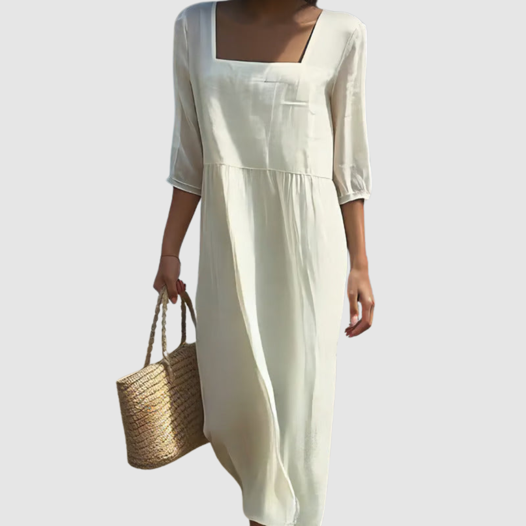 Robe d'été en lin à col carré et manches trois-quarts