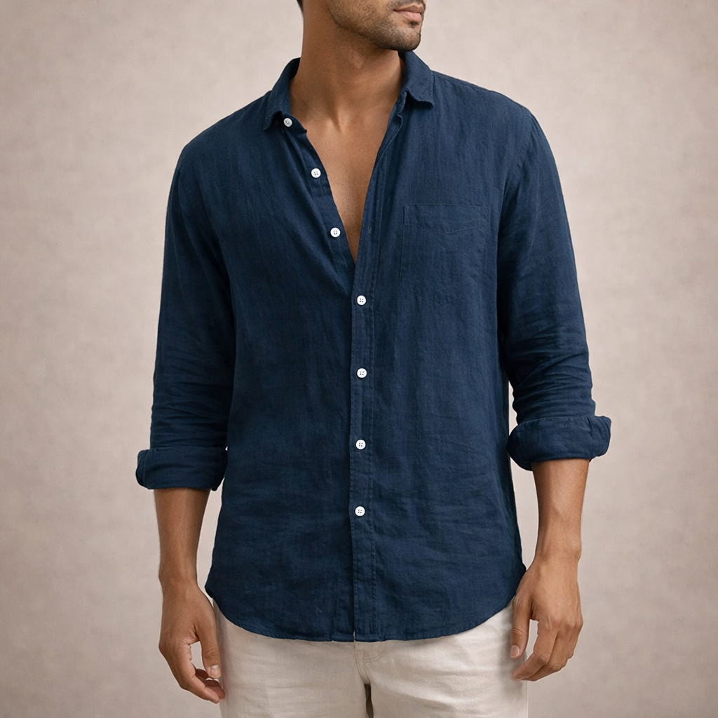 Chemise en lin homme à col ouvert coupe décontractée manches longues