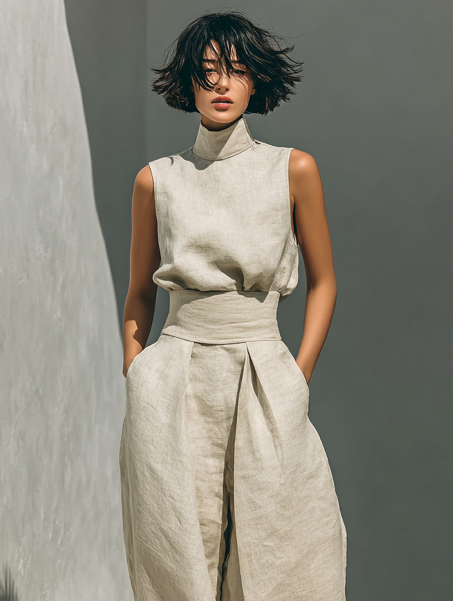 Léa – Ensemble deux pièces en lin avec blouse sans manches et pantalon large femme