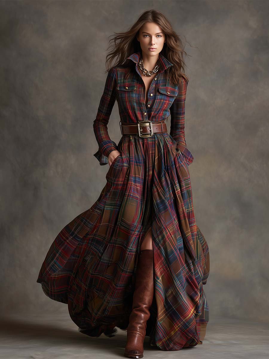 Juliette – Robe longue à carreaux ceinturée de style rétro