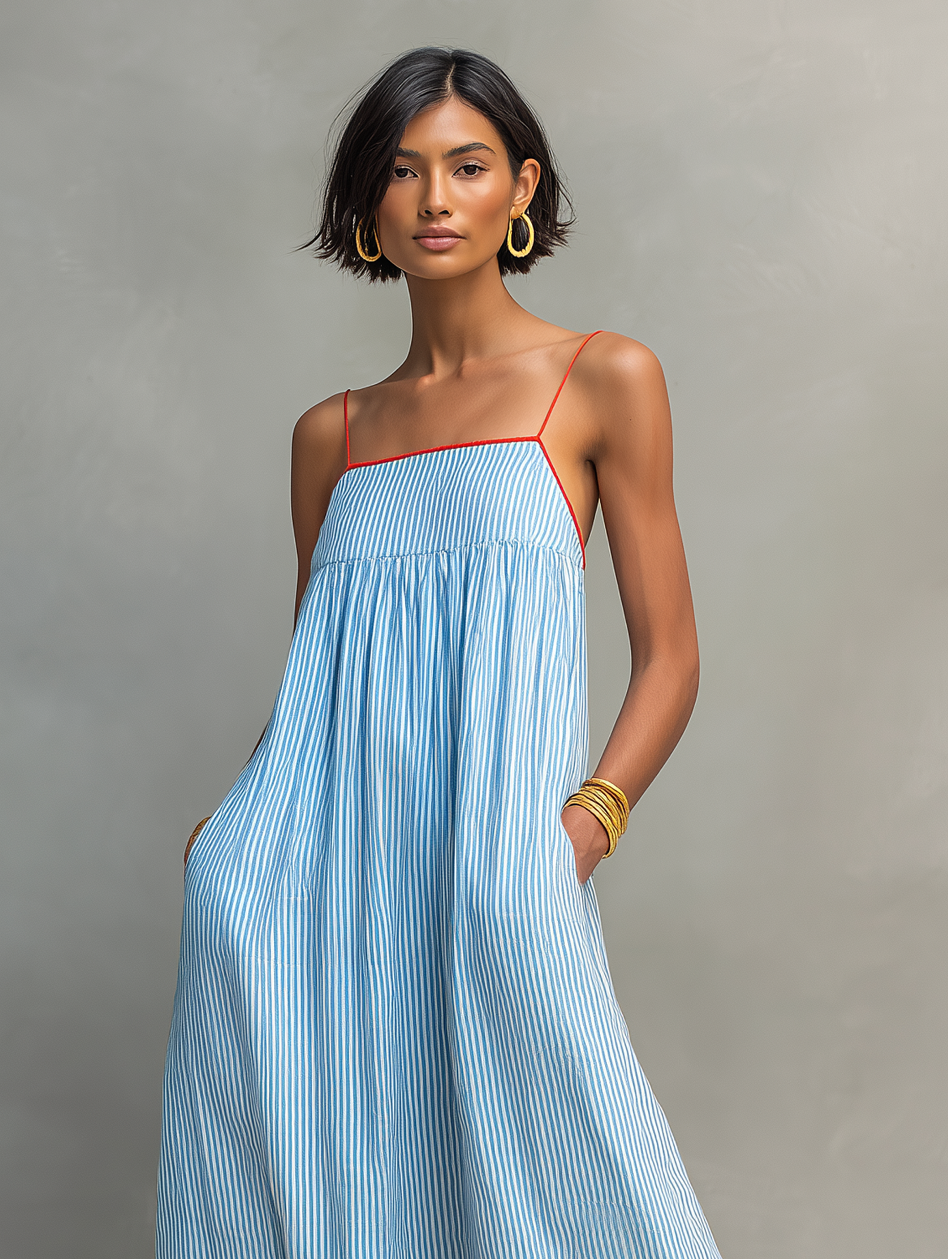 Ophélie – Robe maxi rayée à fines bretelles et liseré femme