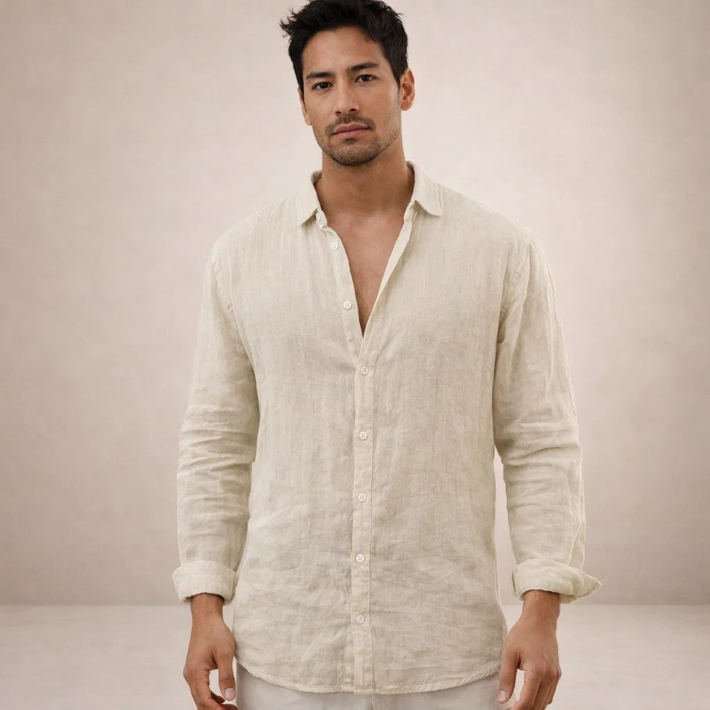 Chemise en lin homme à col ouvert coupe décontractée manches longues