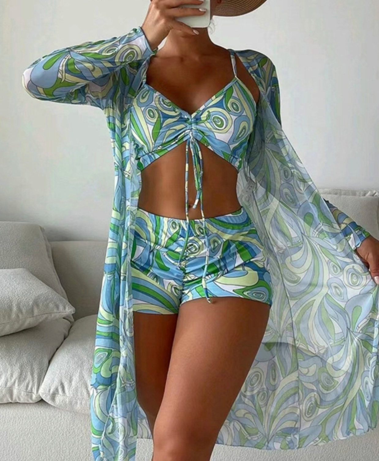 Ensemble de bain 3 pièces pour femme avec haut froncé, shorty imprimé et kimono léger assorti