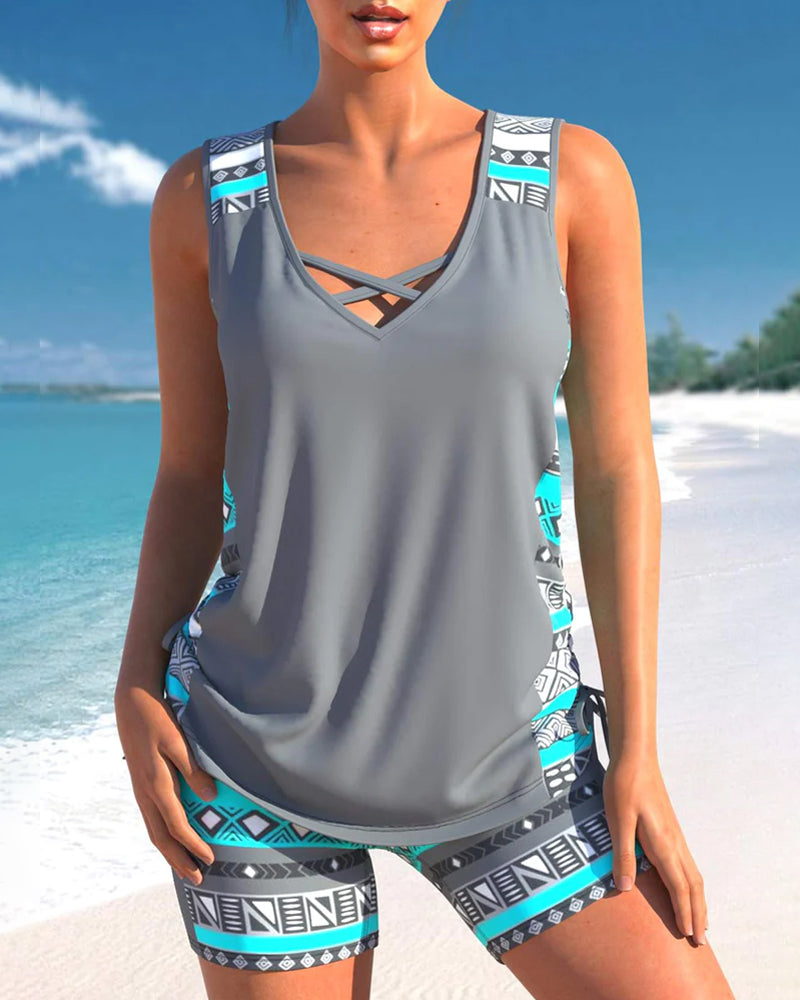 Tankini avec Short de Bain – Encolure en V, Bretelles Larges et Imprimé Géométrique Estival