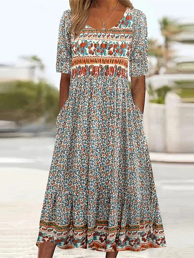 Anaïs – Robe midi d'été bohème à imprimé femme