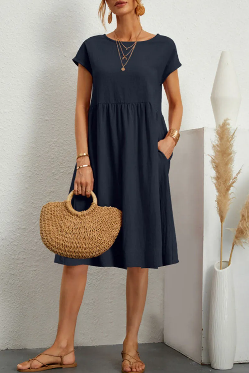 Robe d'été pour femme en coton doux avec col rond, poches et coupe évasée