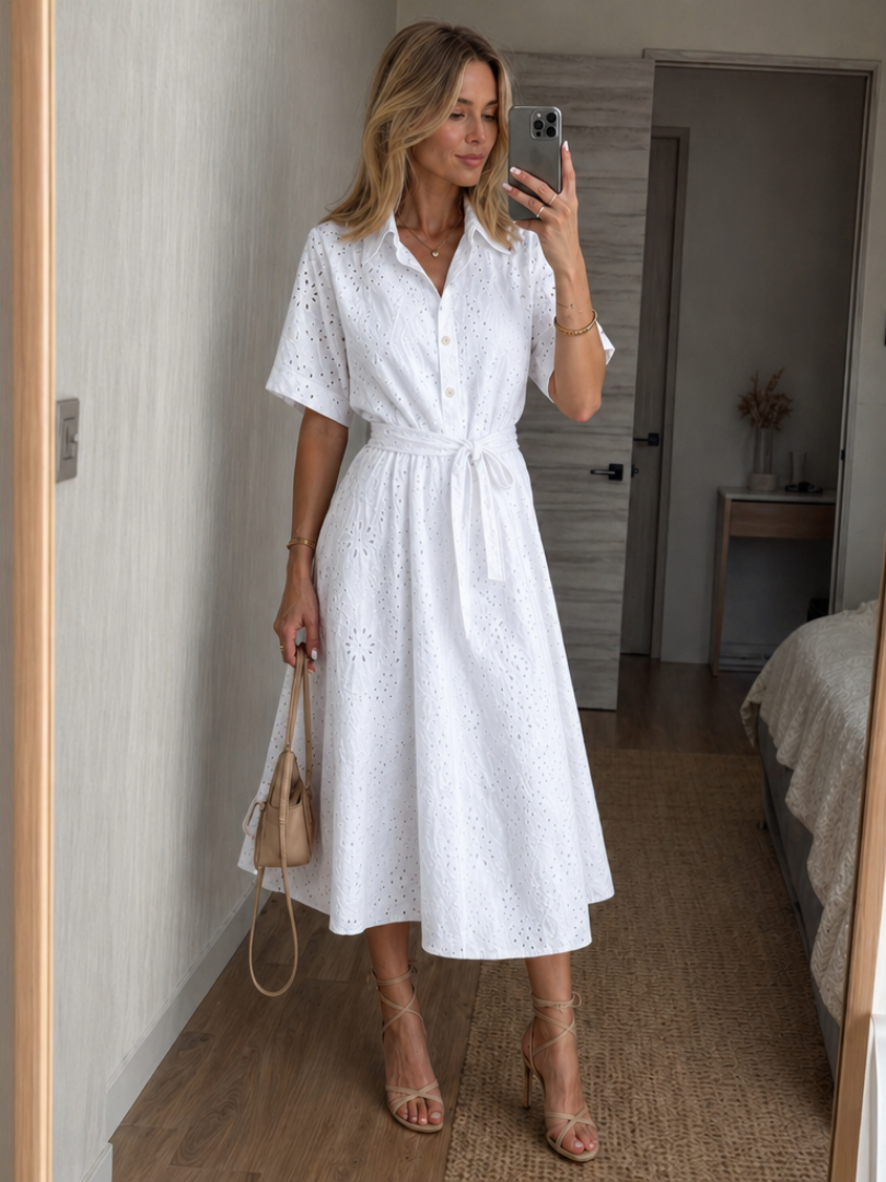 Robe chemise midi à manches courtes et ceinture nouée