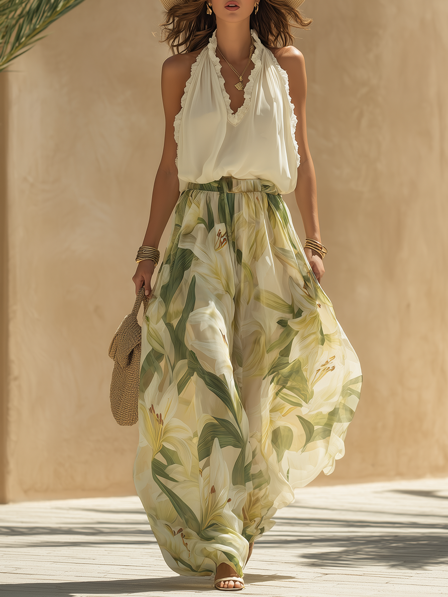 Ensemble femme deux pièces fluide jupe longue à imprimé floral et col V