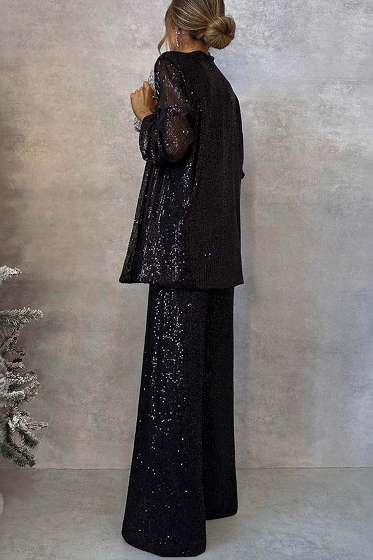 Aurore – Ensemble Blazer Pailleté à Manches Longues et Pantalon Évasé