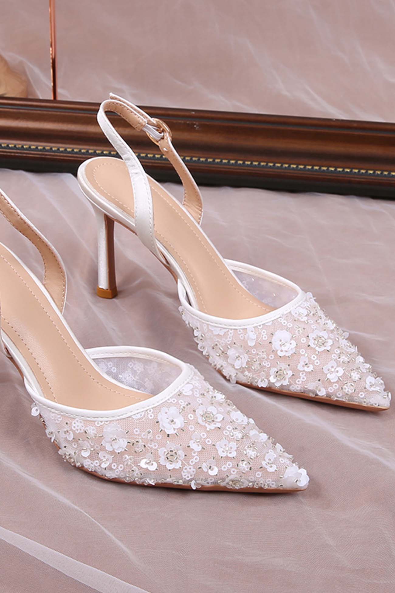 Alizée – Escarpins à Talons avec Dentelle Fleurie en Résille
