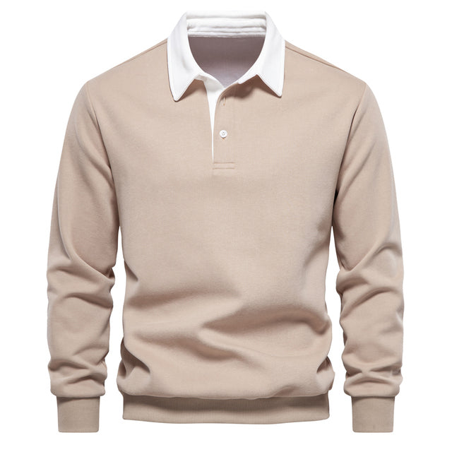 Polo à manches longues pour homme automne élégant respirant en coton avec col contrasté Fabien