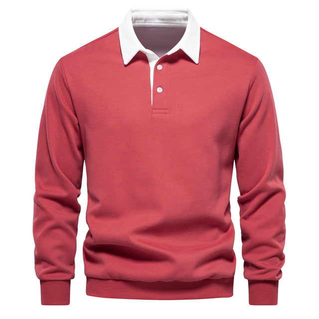 Polo à manches longues pour homme automne élégant respirant en coton avec col contrasté Fabien