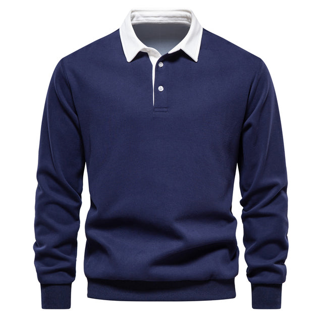 Polo à manches longues pour homme automne élégant respirant en coton avec col contrasté Fabien