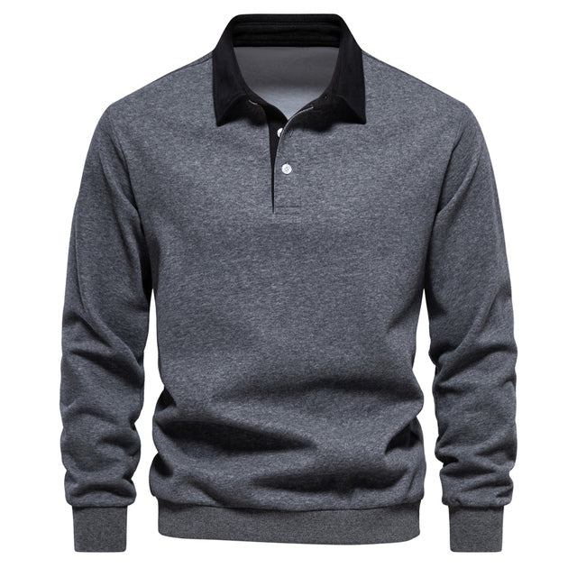Polo à manches longues pour homme automne élégant respirant en coton avec col contrasté Fabien