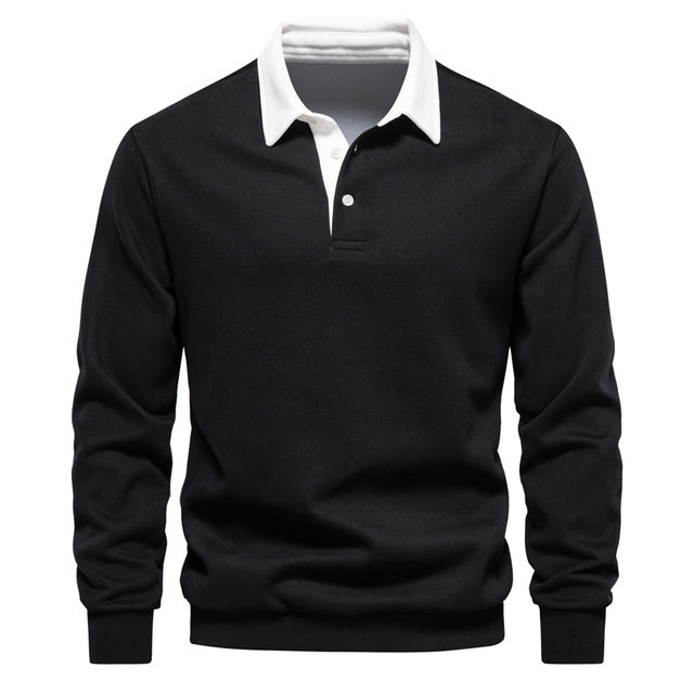 Polo à manches longues pour homme automne élégant respirant en coton avec col contrasté Fabien