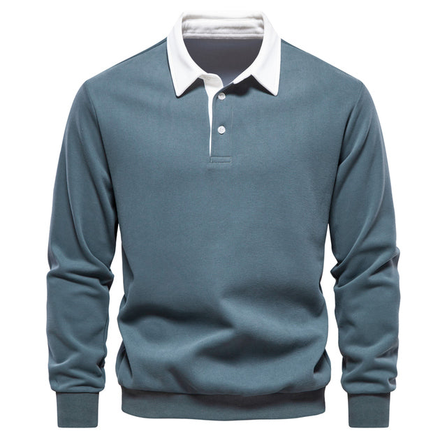 Polo à manches longues pour homme automne élégant respirant en coton avec col contrasté Fabien