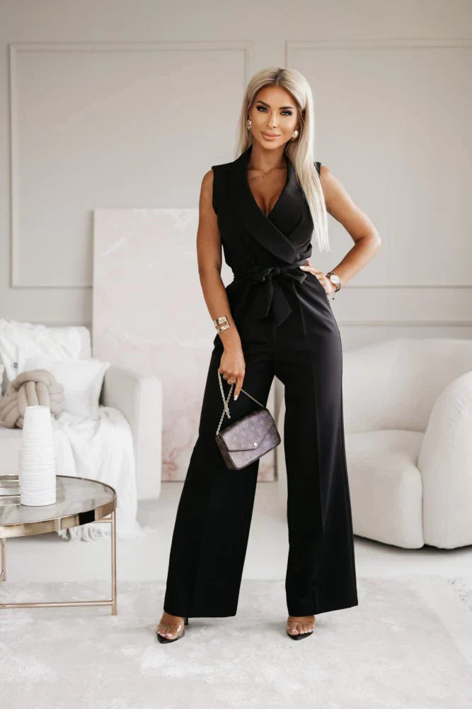 Combinaison femme sans manches chic cache-cœur ceinturée de soirée