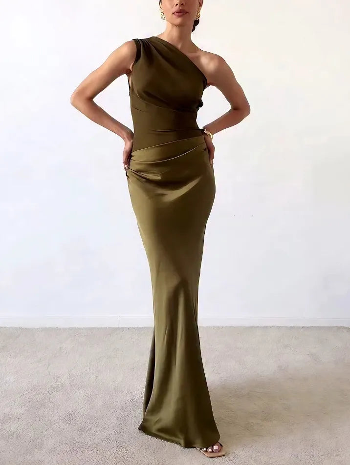 Garance – Robe maxi de soirée élégante plissée à une épaule femme