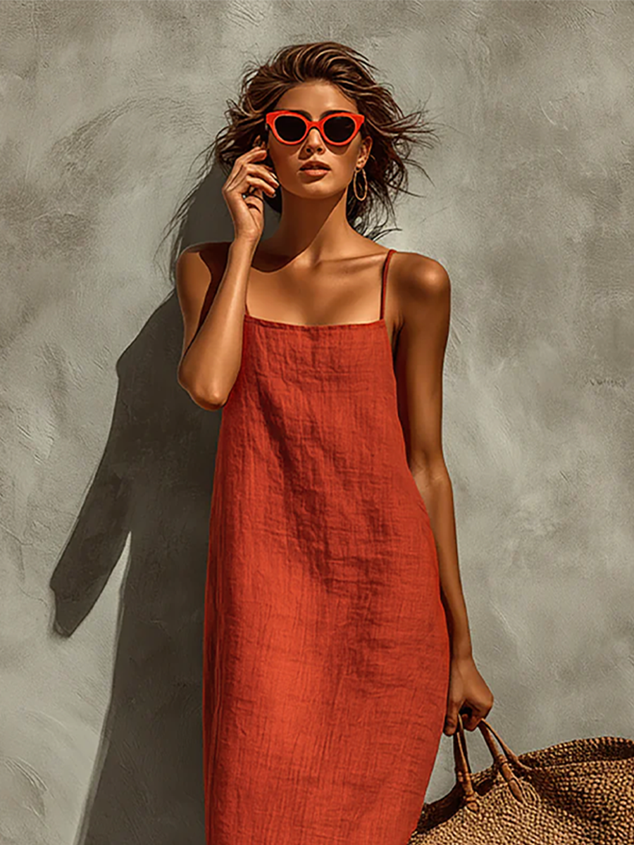 Nine – Robe maxi en coton style bohème à fines bretelles et col carré femme