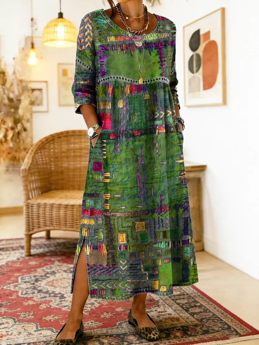 Robe bohème en denim fluide à patchwork ethnique et dentelle