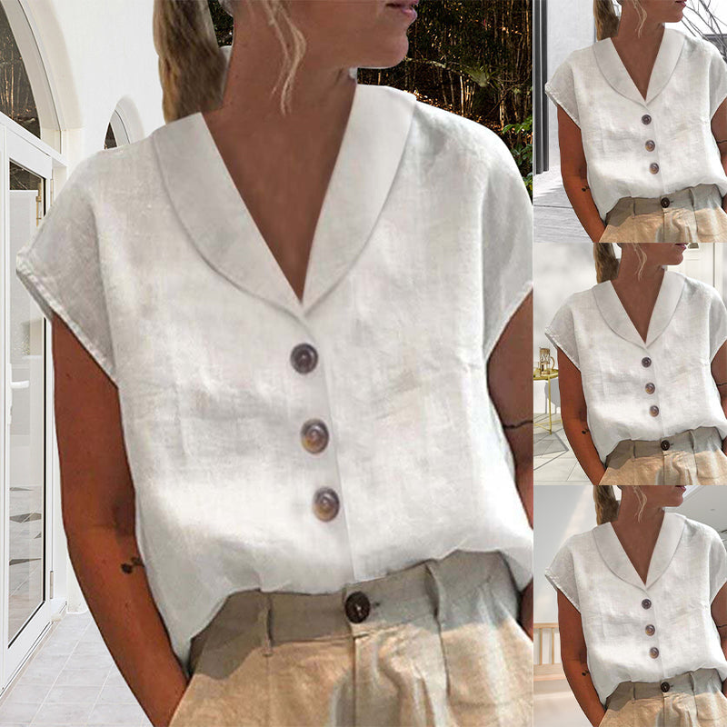 Blouse en coton et lin à col cache-cœur – élégance sobre et confort estival