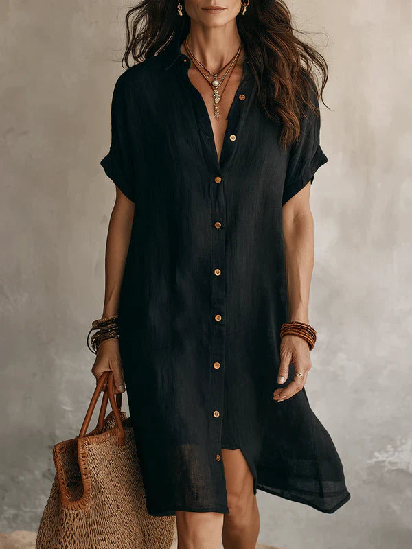 Robe chemise midi en lin et coton à manches courtes